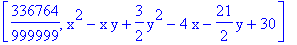 [336764/999999, x^2-x*y+3/2*y^2-4*x-21/2*y+30]